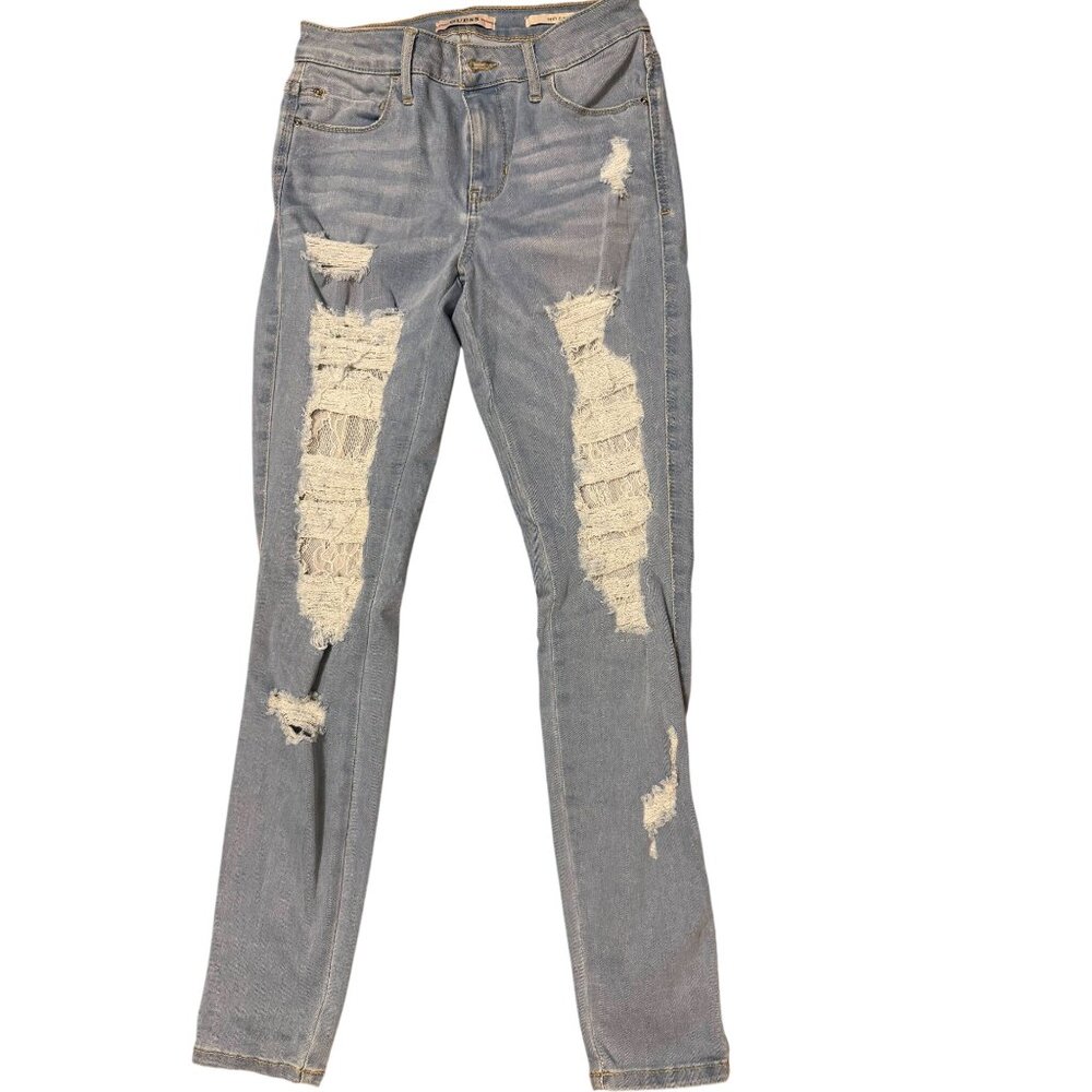 Guess Sexy Curve Womens Distressed Skinny Jeans Size 26 Light Wash Denim